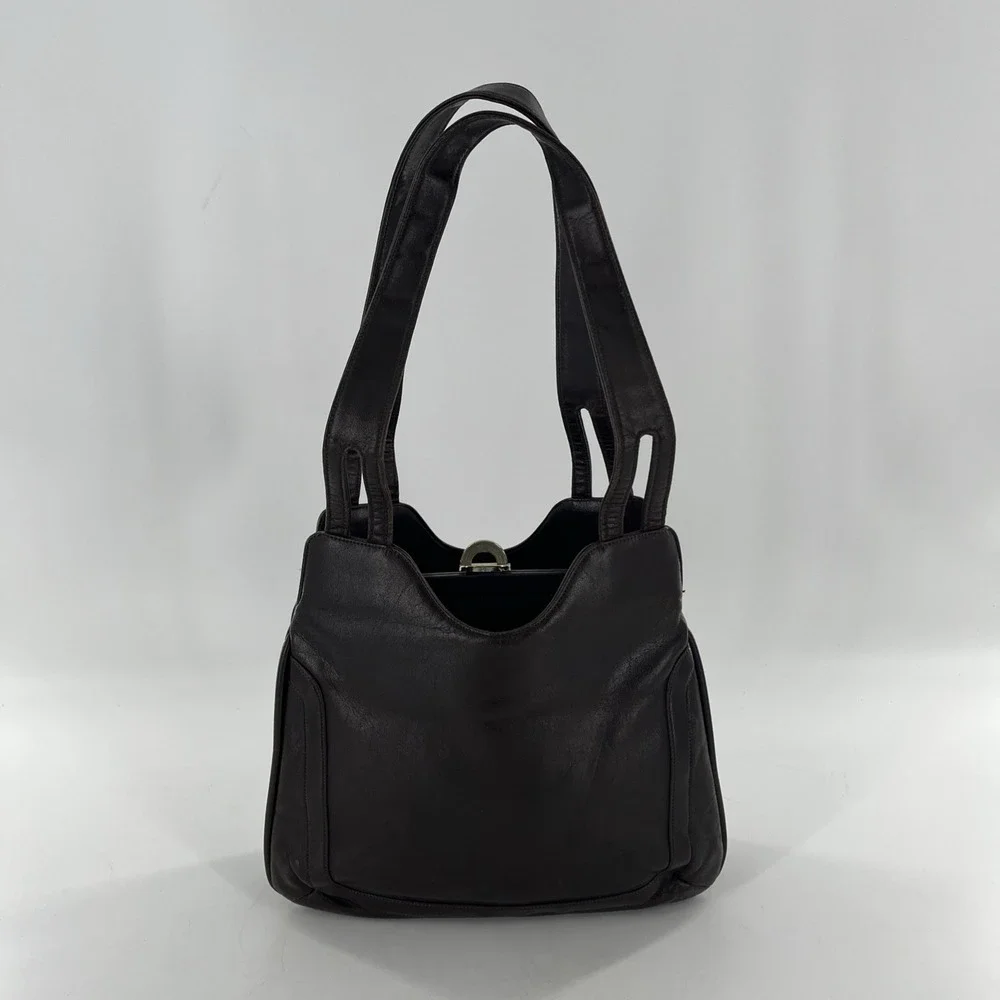 Vintage Mid Century‎ Modern Lou Taylor Leather Satchel Shoulder Brown Bag Mirror